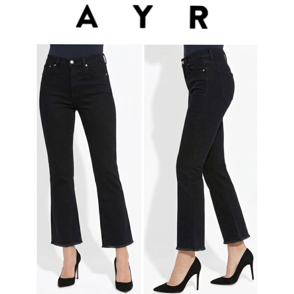 AYR The Pop Black High Rise Straight Leg Jeans Raw Hem Cropped Short 34 S Short